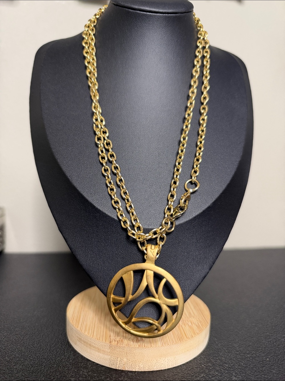 Gold-Tone Round Abstract Pendant Long Elegant Necklace - Women Jewelry